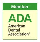 The image shows a logo with the text  MEMBER  above an emblem consisting of the letters  ADA  within a green square, followed by the words  AMERICAN DENTAL ASSOCIATION.