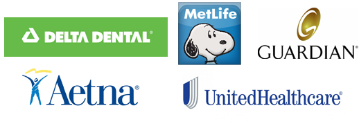 The image displays a collection of logos representing various healthcare providers and insurance companies, including Delta Dental, Guardian, Aetna, UnitedHealthcare, and others.