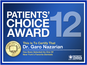The image is a digital graphic with text overlaying an award seal. It reads  Patients  Choice Award 12  followed by a number  12  in a larger font size. Below this, there is a badge with a ribbon and the text  This is to certify that Dr. Goro Nazarian has been selected as one of New York s favorite dentists.  The background is blue, and the overall style suggests an award or recognition for a dental professional.