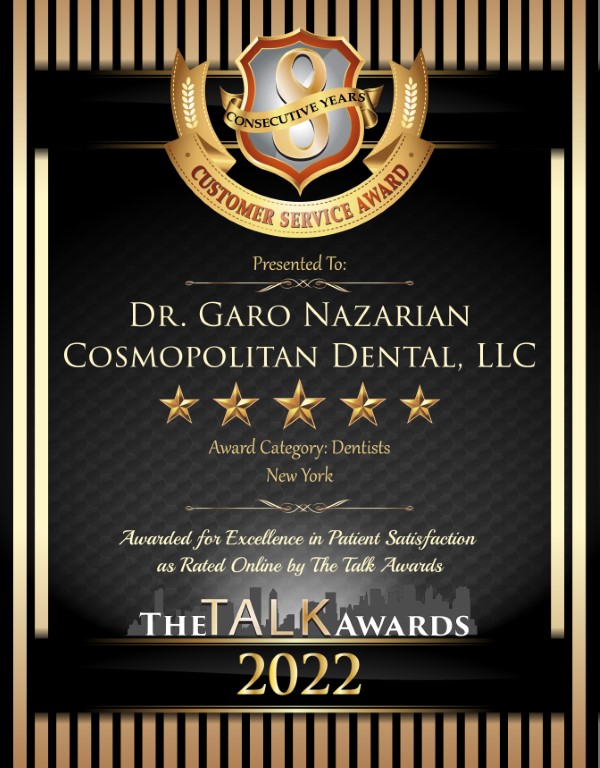 The image shows a certificate with text and graphics, presented by  The Talk Kawars 2021.  It recognizes Dr. Goro Nazarian as a customer service award recipient for Cosmopolitan Dental, LLC. The certificate features a gold seal, star ratings, and mentions an online patient satisfaction award.