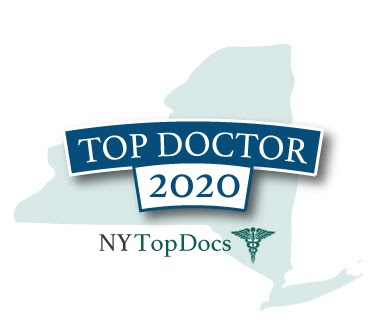 The image shows a logo with text that reads  TOP DOCTOR 2020  above a graphic of a state, which appears to be New York, and below it, the text  NYTOPDOCS.  The style of the image suggests it may be used for promotional or recognition purposes in a medical context.