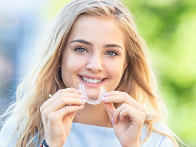 A young woman with blonde hair is smiling at the camera while holding up a dental retainer with her left hand, set against a blurred background.